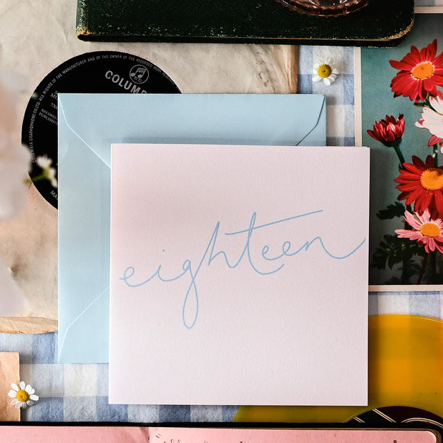 Hand Lettered Blue Eighteen Card