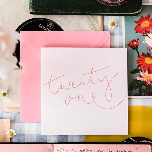 Hand Lettered Pink Twenty One Card
