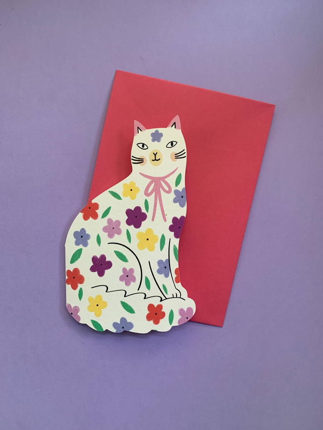 Sitting Kitty Floral Shaped Cat Card