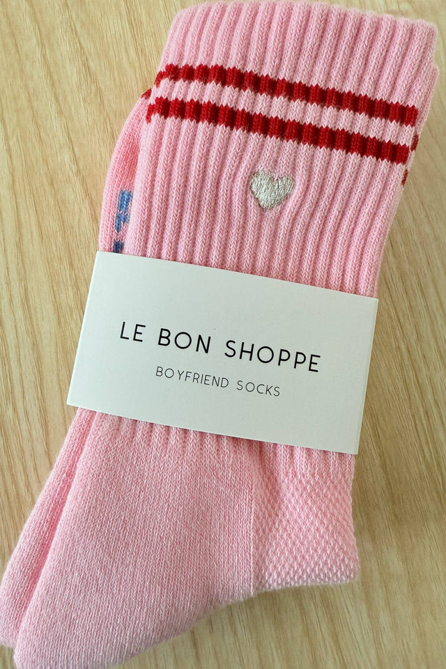 Embroidered Boyfriend Socks: Amour Pink + Heart