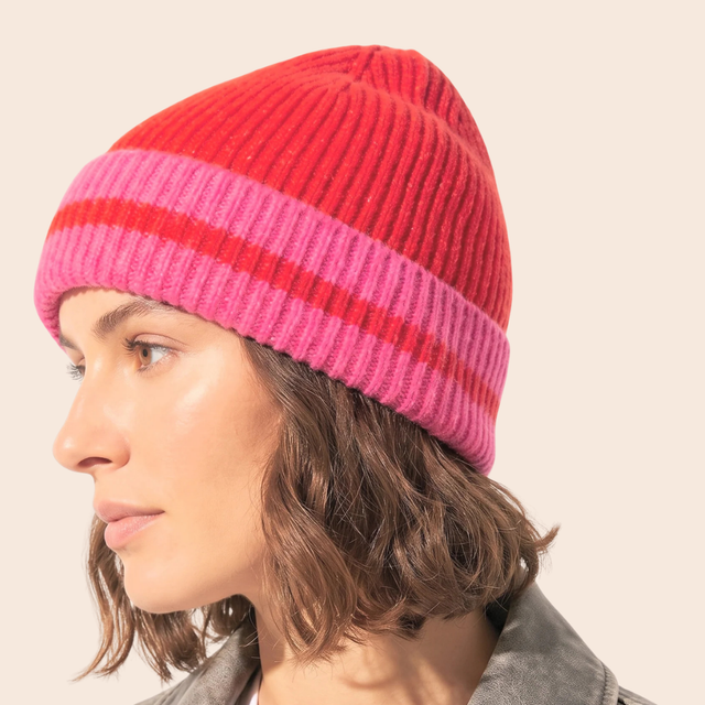 Striped Beanie Hat in Red & Hot Pink