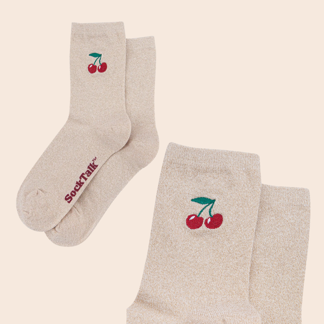 Cherry Embroidered Glitter Socks