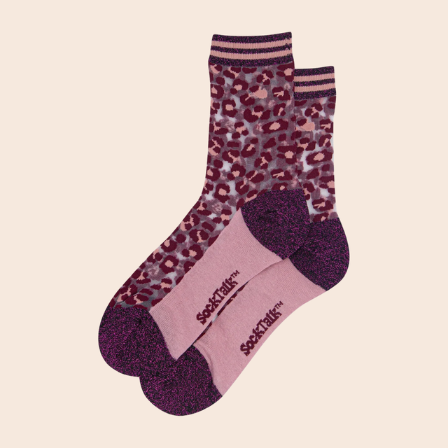 Leopard Print Burgundy Sheer Socks