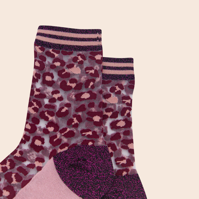 Leopard Print Burgundy Sheer Socks