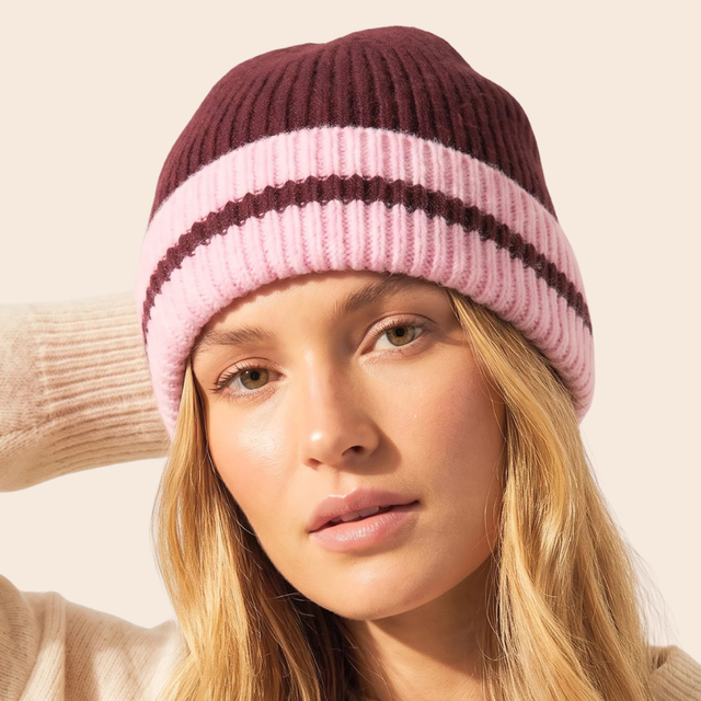 Striped Beanie Hat in Berry & Pink