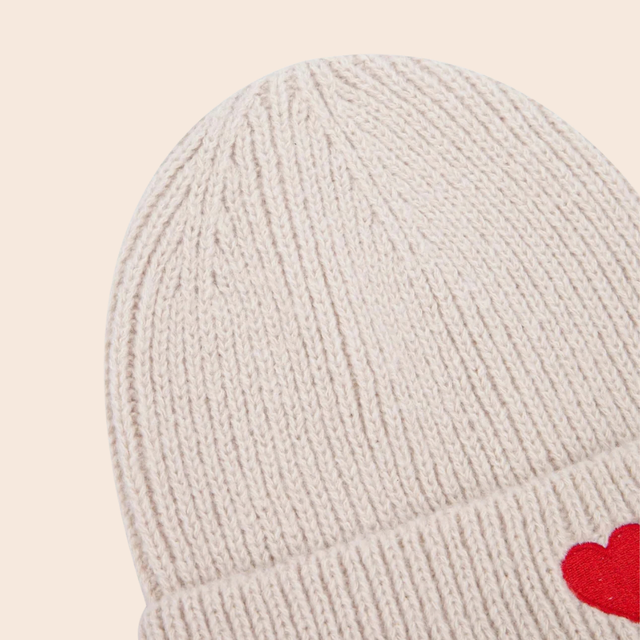Cream Beanie Hat with Embroidered Heart