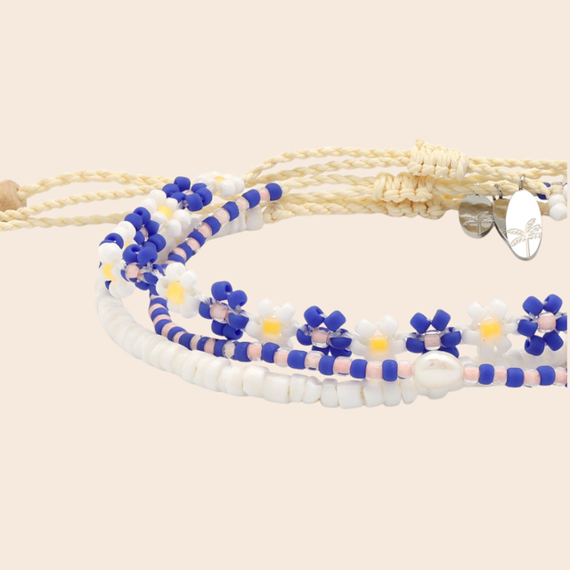 Blue Beaded Daisy Trio Bracelet