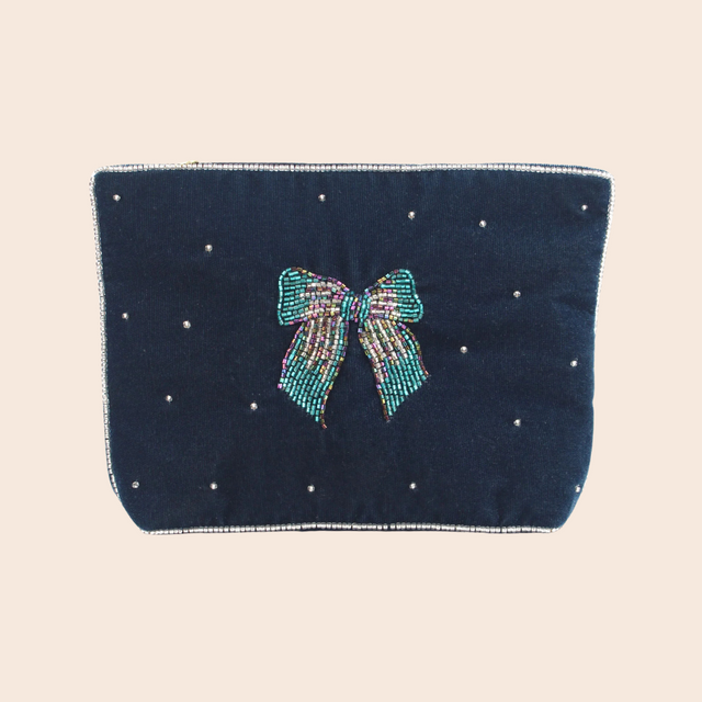 Silver Blue Bow Medium Pouch