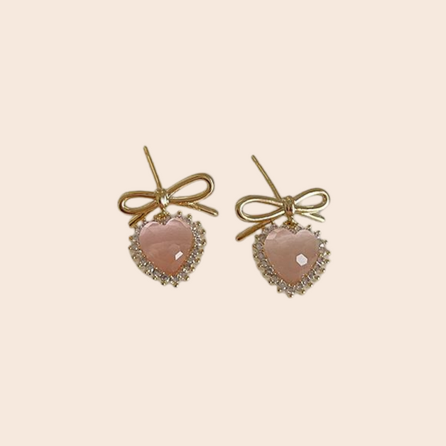 Bow & Heart Pink Drop Earrings