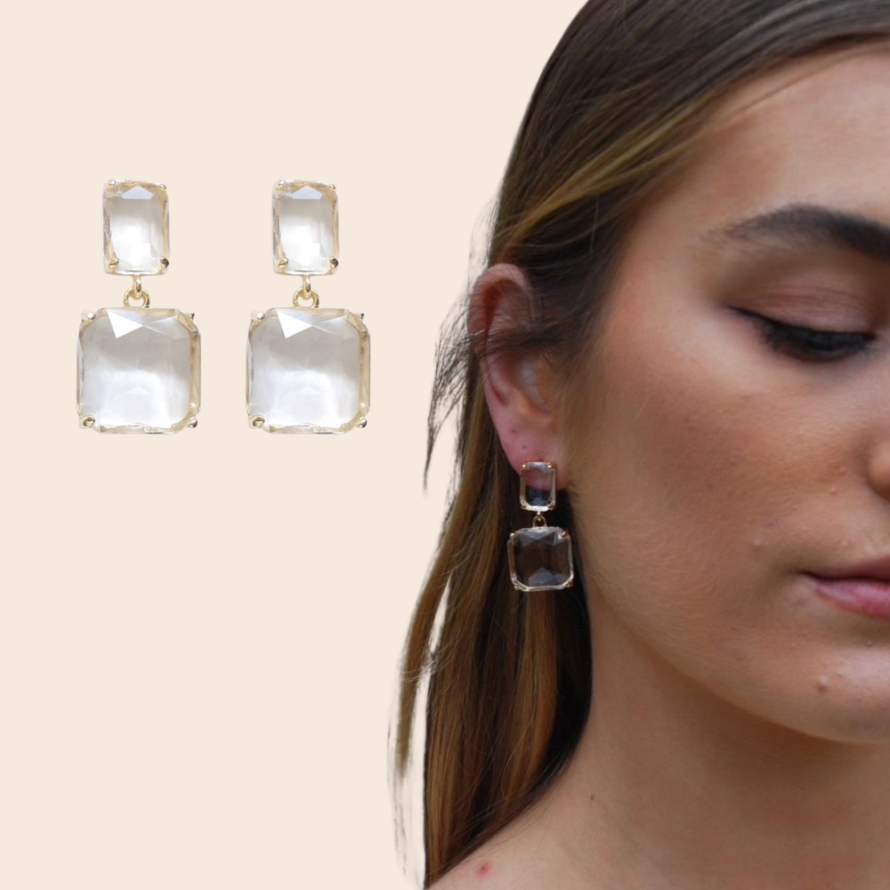 Clear Crystal Gold Twin Gem Earrings