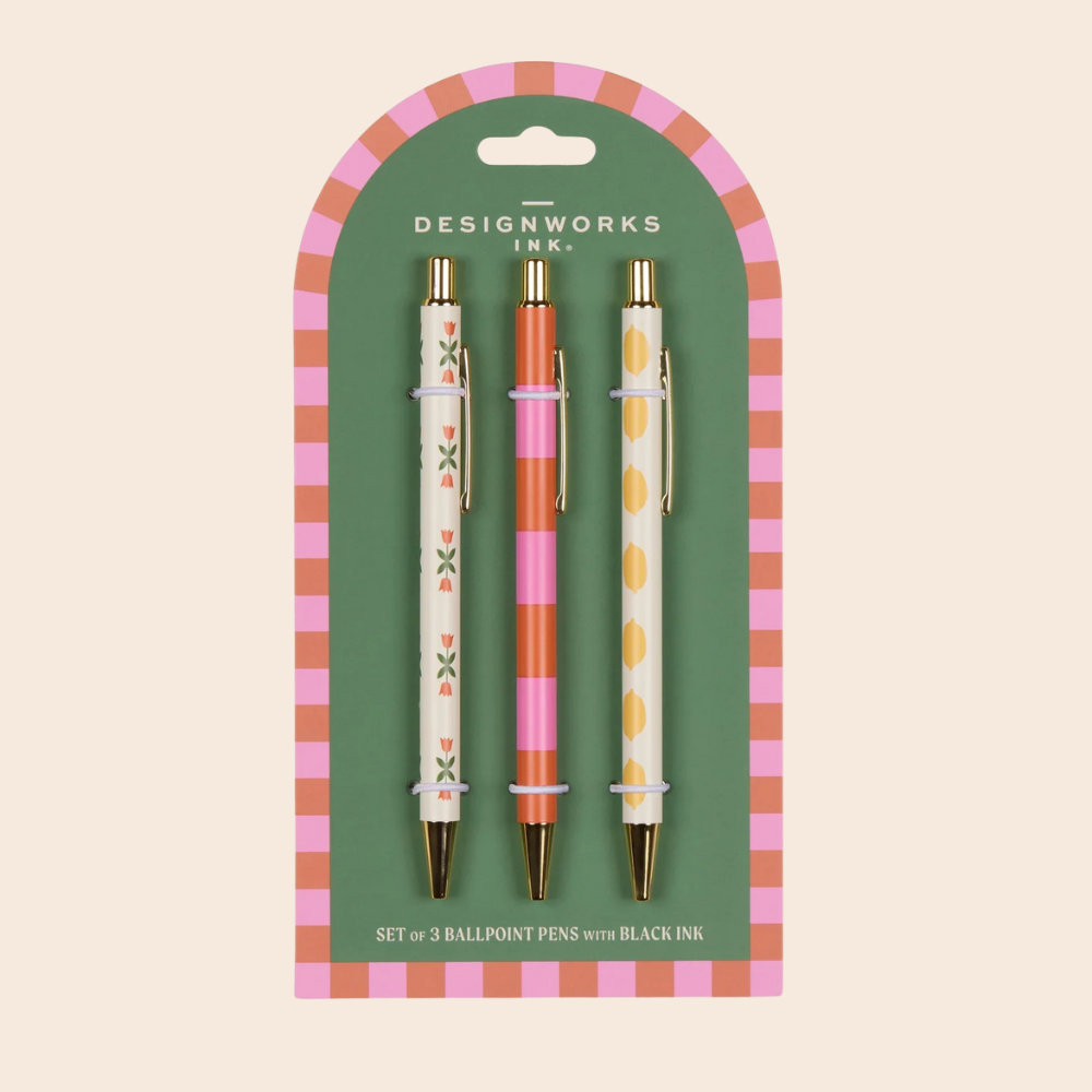 Set Of 3 Pens: Flowers, Stripes & Lemons