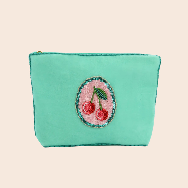 Teal Scalloped Beaded Cherry Pouch