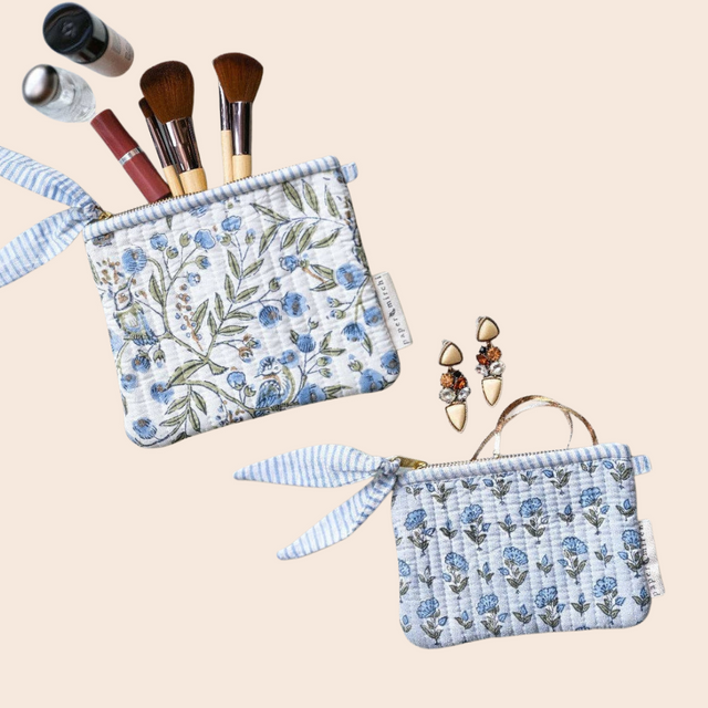 Floral Blue Stone Cotton Pouch Duo