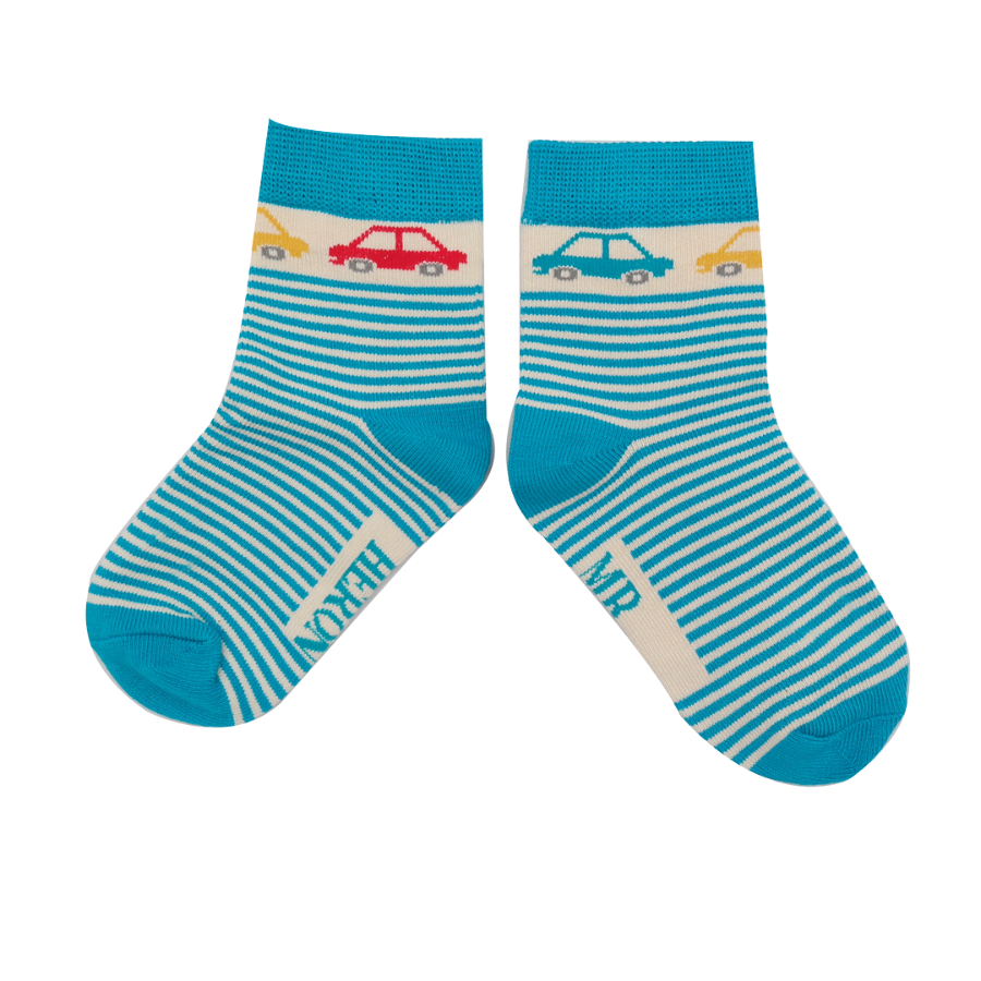 Cars & Stripes Teal Kids Socks