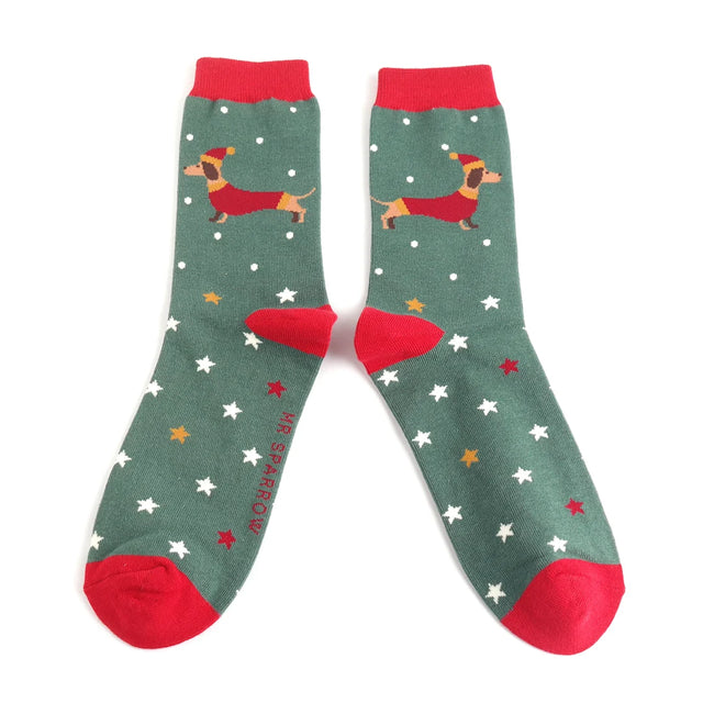 Festive Sausage Dogs Dark Green Bamboo Socks