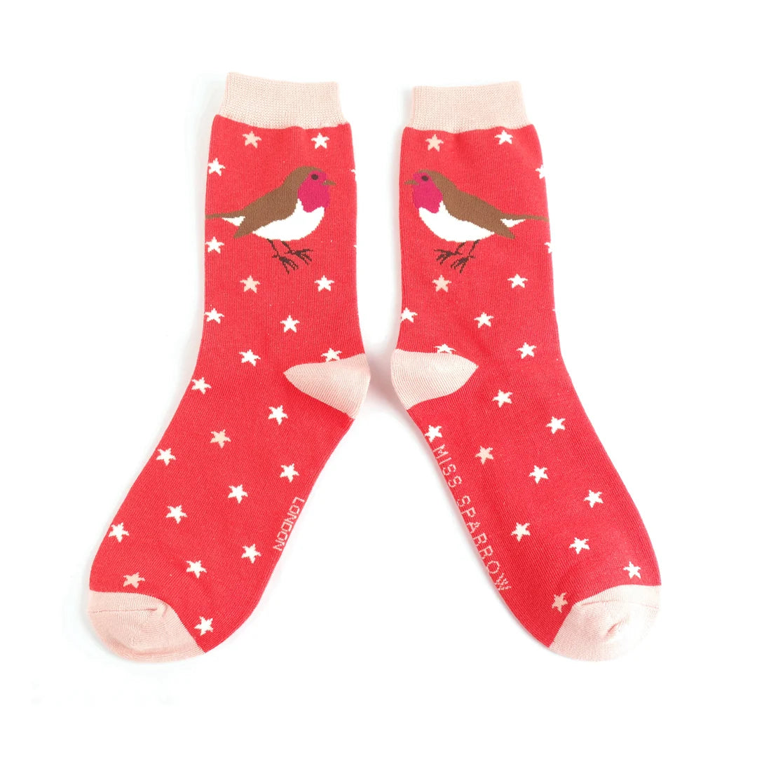 Festive Robins Red Ladies Socks
