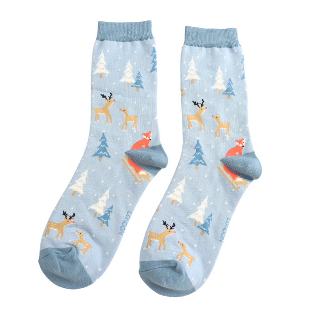 Festive Foxes Light Blue Ladies Socks
