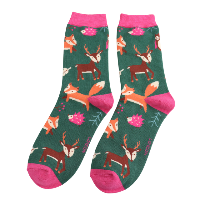 Woodland Animals Dark Green Ladies Socks