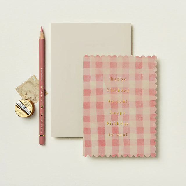 Happy Birthday Pink Gingham Scallop Card