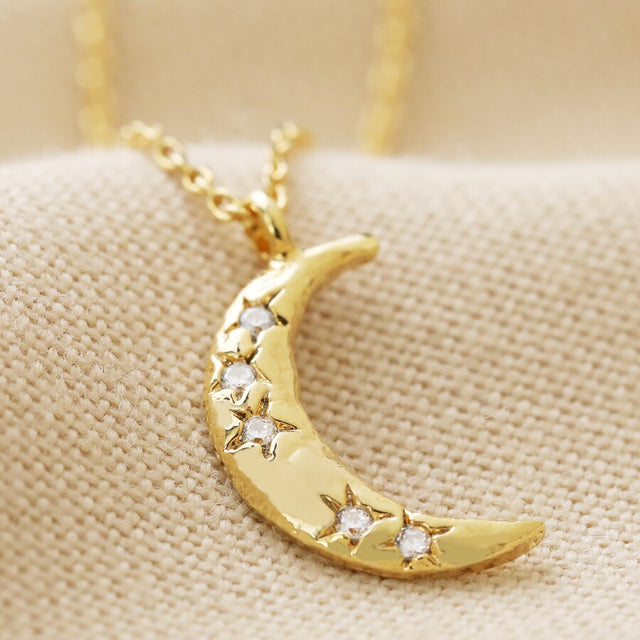 Gold Crystal Crescent Moon Necklace