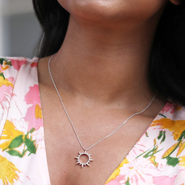 Crystal Silver Sunburst Pendant Necklace