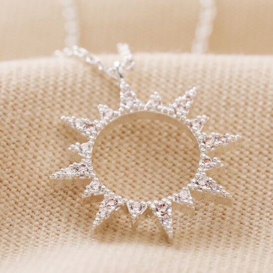 Crystal Silver Sunburst Pendant Necklace