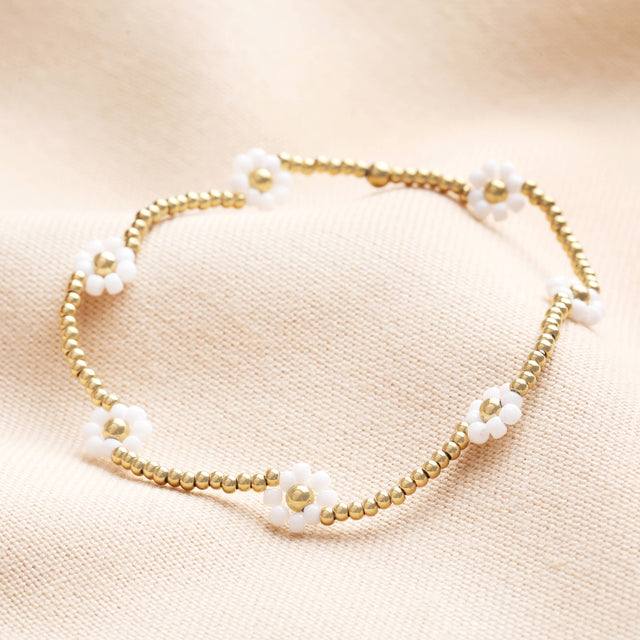 Gold & White Daisy Beaded Bracelet