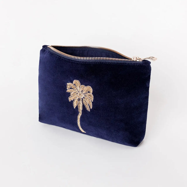 Gold Palm Navy Velvet Mini Pouch