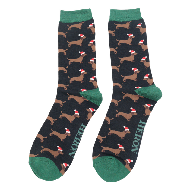 Santa Sausage Dog Black Bamboo Socks