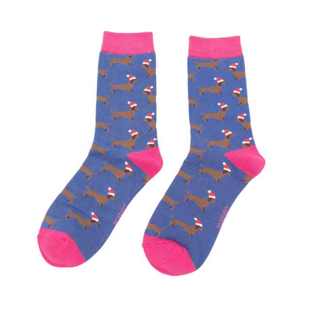 Sausage Dog Santa Denim Women's Bamboo Socks