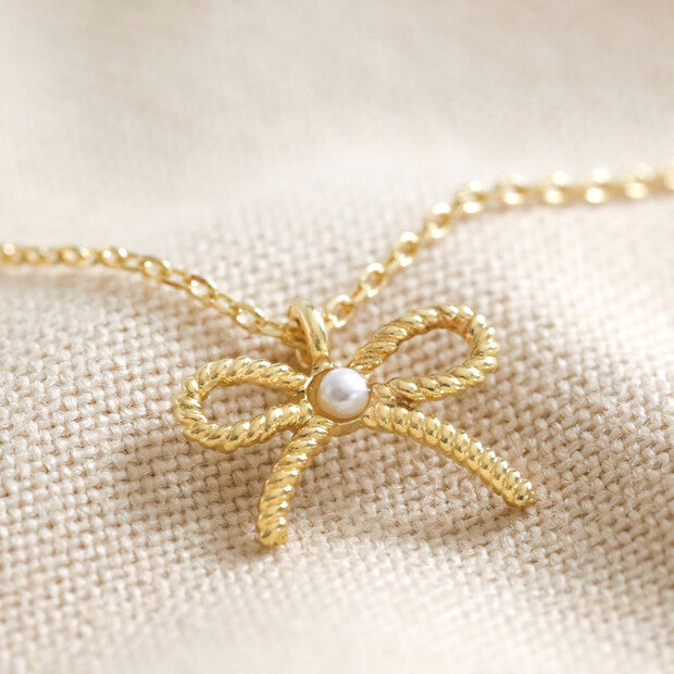 Gold Tiny Pearl Bow Necklace