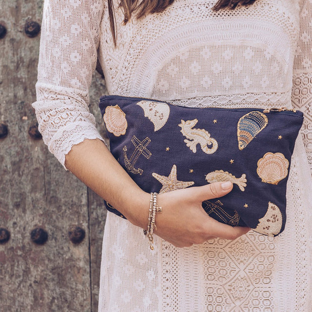 Seashell Embroidered Travel Pouch