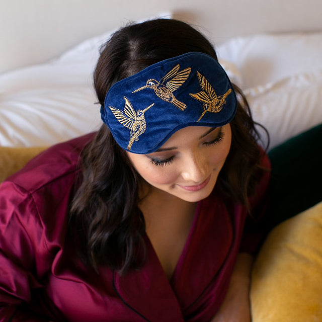 Hummingbird Navy Velvet Eye Mask