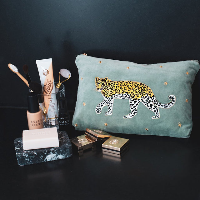 Leopard Khaki Velvet Travel Pouch