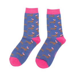 Christmas Little Sausage Dog Denim Bamboo Socks