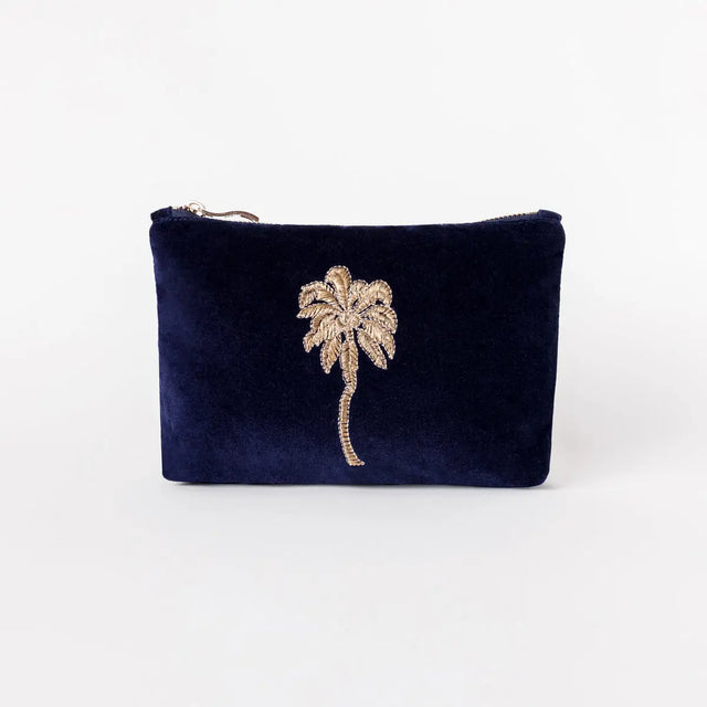 Gold Palm Navy Velvet Mini Pouch