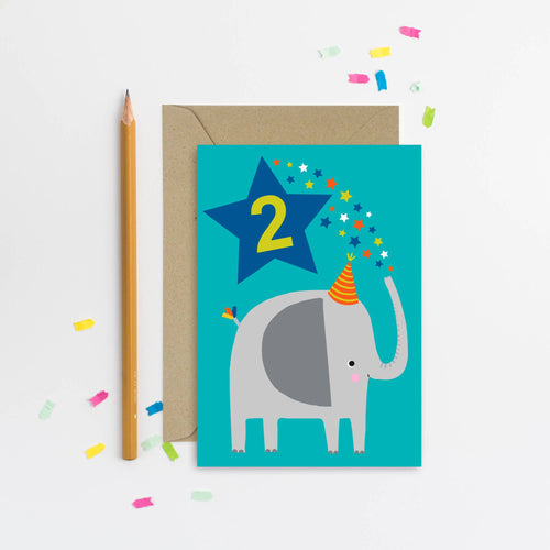 Age 2 Blue Elephant Birthday Card