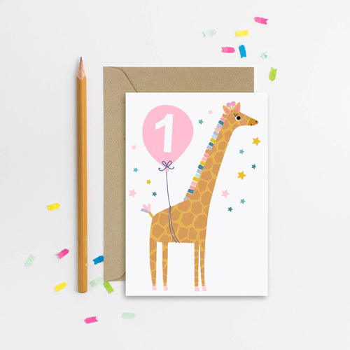 Age 1 Pink Giraffe Birthday Card