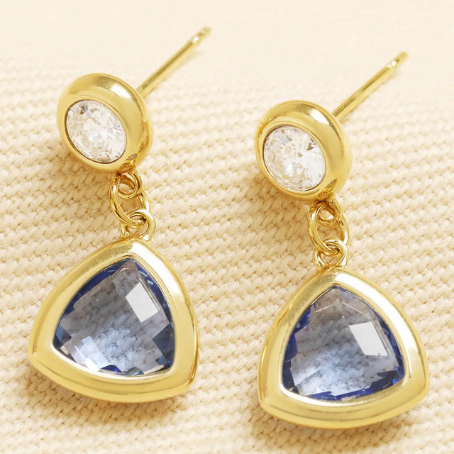 Blue Triangle Glass Drop Earrings in Gold