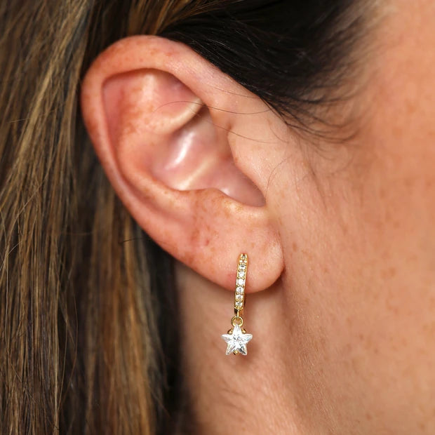 Crystal Star Huggie Hoop Earrings in Gold