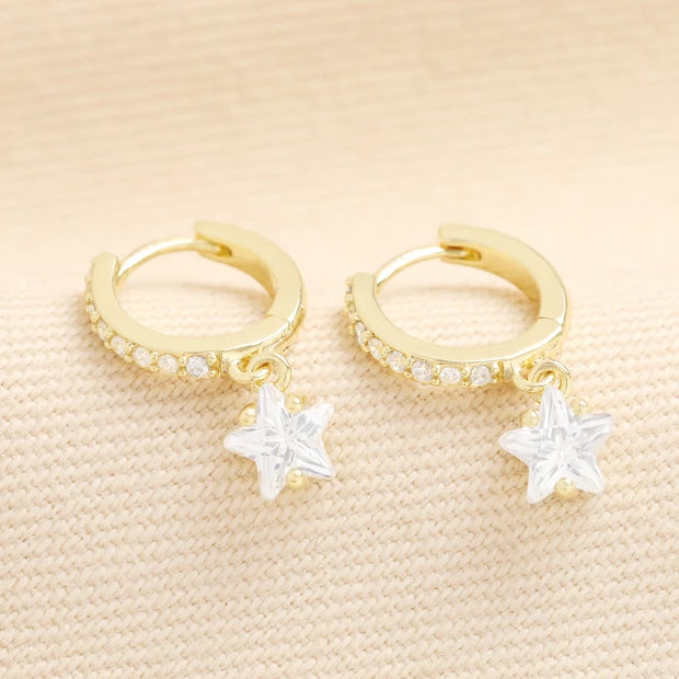 Crystal Star Huggie Hoop Earrings in Gold