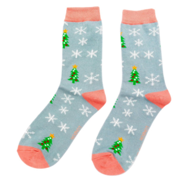 Trees & Snowflakes Duck Egg Ladies Socks