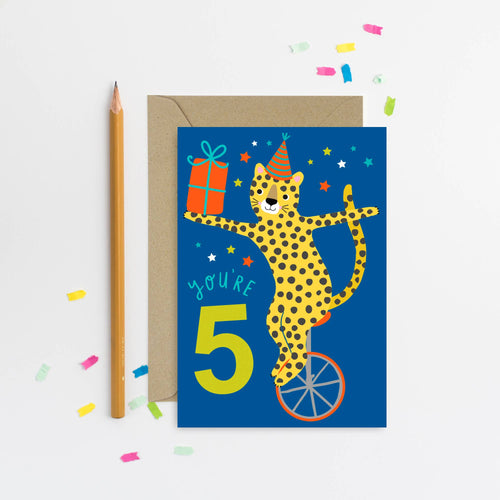 Age 5 Blue Leopard Birthday Card