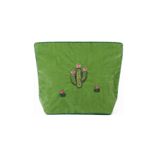 Green Beaded Cactus Velvet Make Up Bag