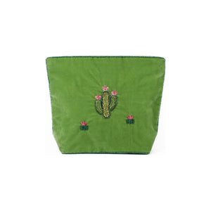 Green Beaded Cactus Velvet Make Up Bag