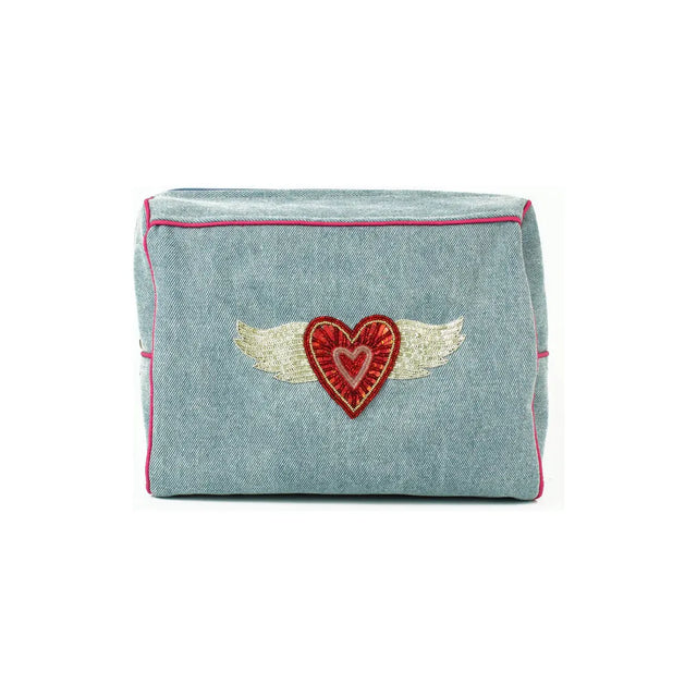 Beaded Heart Denim Make Up Bag