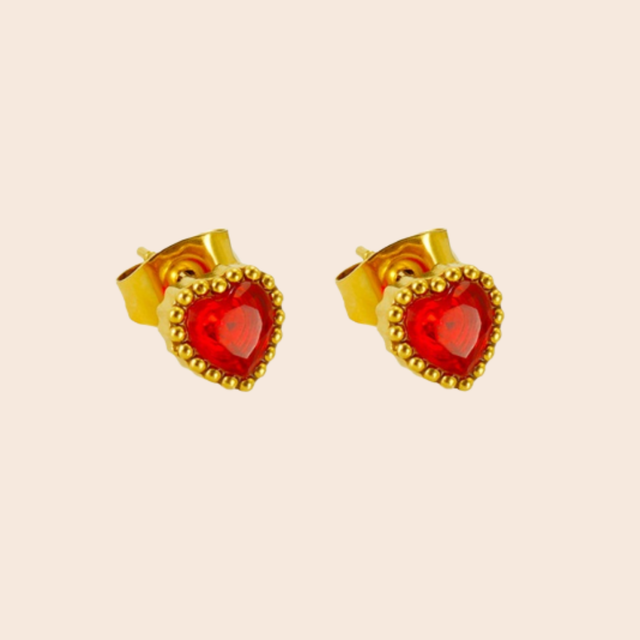 Cubic Zirconia Red & Gold Heart Stud