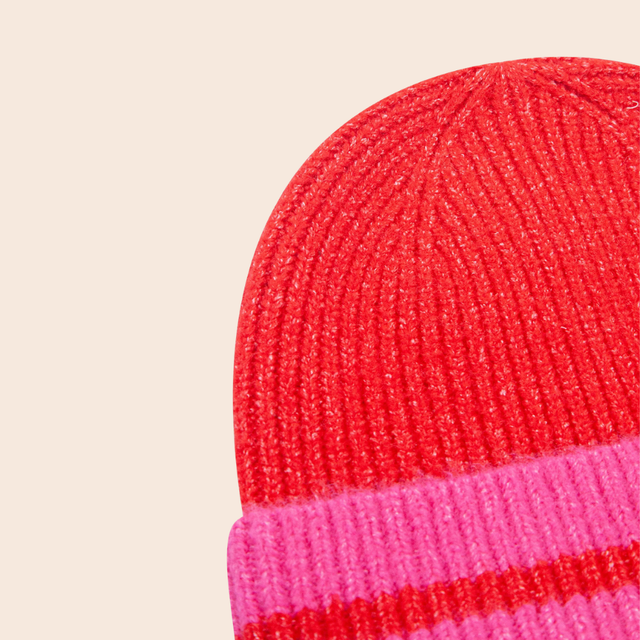 Striped Beanie Hat in Red & Hot Pink