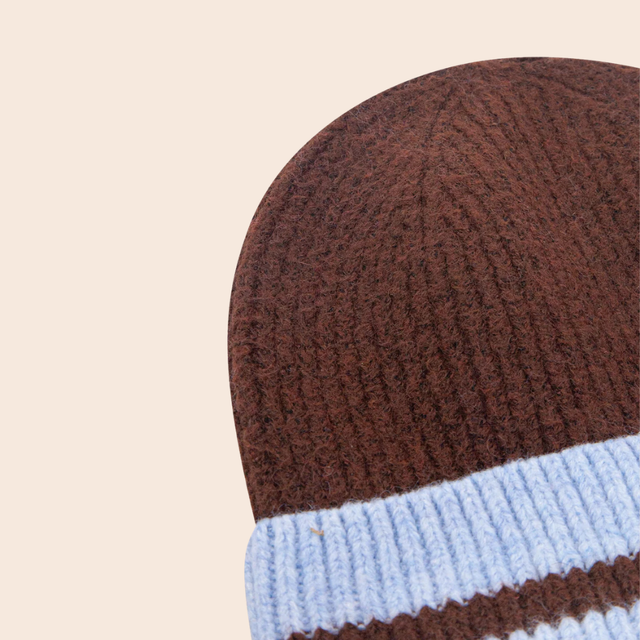 Striped Beanie Hat in Brown & Baby Blue