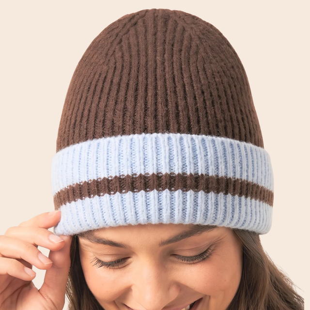 Striped Beanie Hat in Brown & Baby Blue